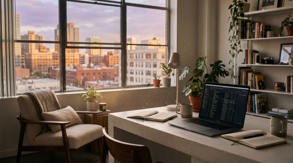 A minimal Scandinavian desk setup, light birch wood, slim monitor, single ceramic mug (uckfw4dd)