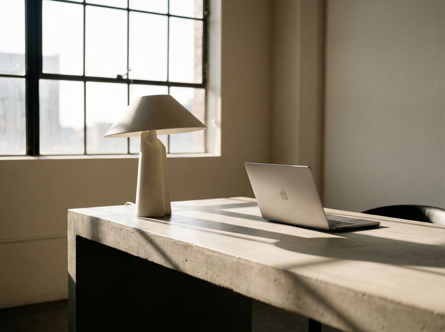 A shared modern coworking table with two laptops facing each other, flat whites between them (ix)
