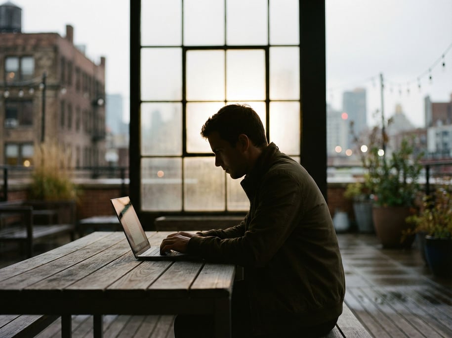 A clean minimal desk with a single laptop and ceramic coffee mug (jj3jrhsq)