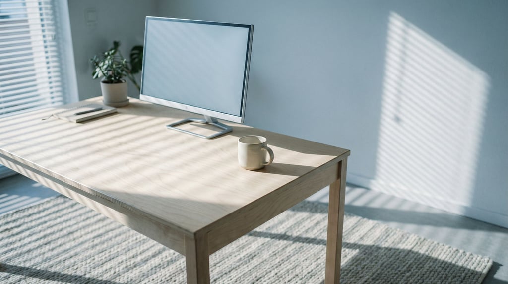 A clean white desk with an iMac, single notebook, and a pen, everything aligned and minimal (nrxec6qv)