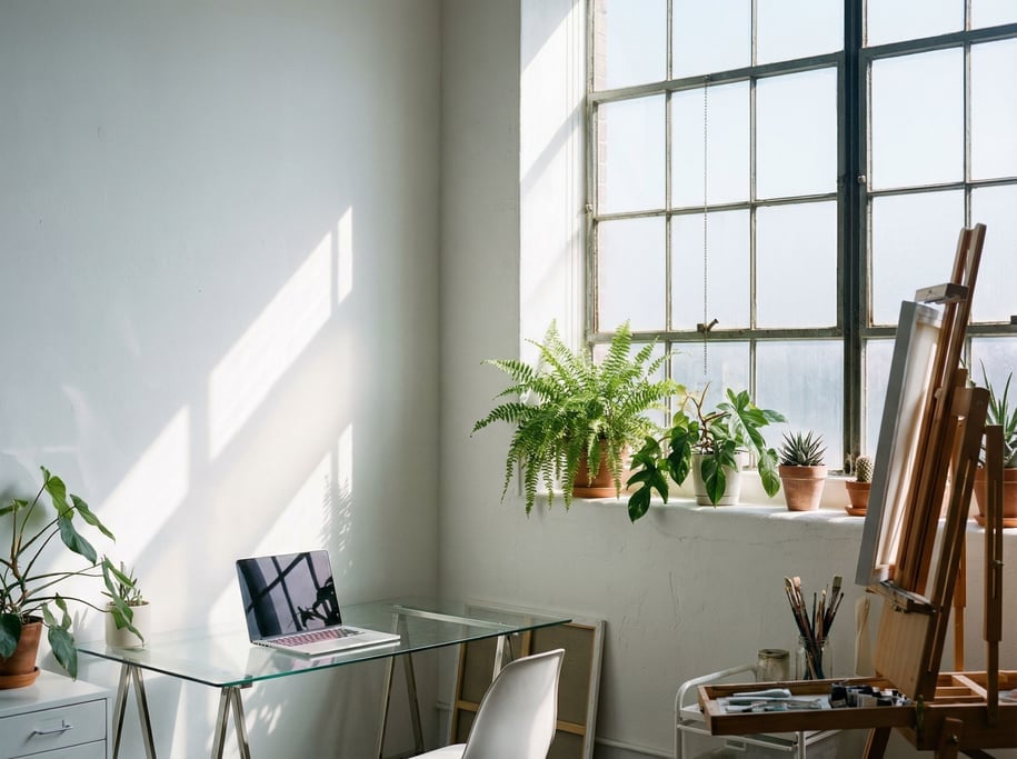 A home office corner with a monstera plant, books stacked on a floating shelf (da1yr3wz)