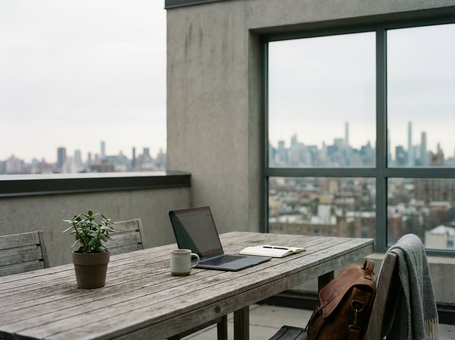 An empty minimal desk with just a closed laptop and a glass of water, clean white walls (8rs)