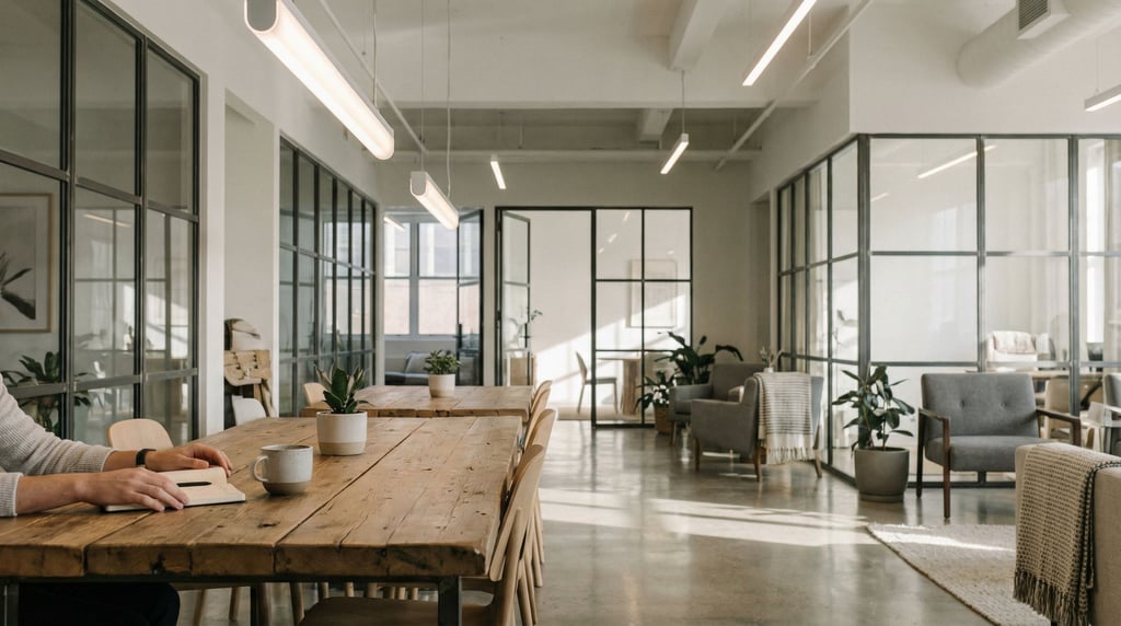 A minimal Scandinavian desk setup, light birch wood, slim monitor, single ceramic mug (dkaqs5z)