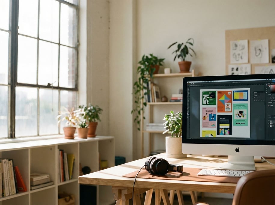 A modern standing desk near floor-to-ceiling windows, ultrawide monitor, single plant (f4wjl7kl)