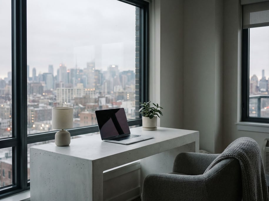 A clean minimal desk with a single laptop and ceramic coffee mug (bpkrxgql)