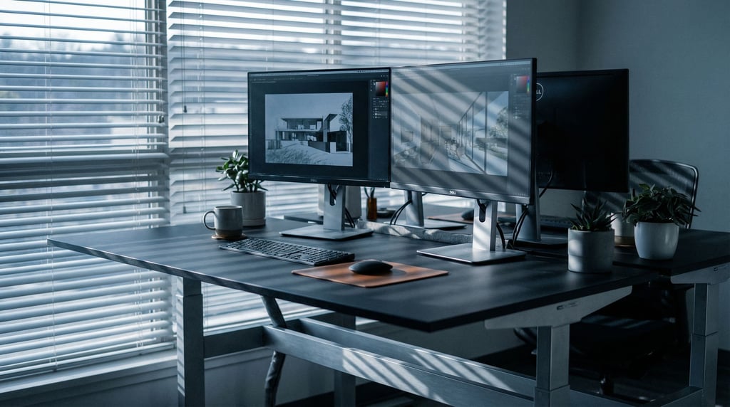 A modern workspace with dual monitors on a sit-stand desk, cable-managed (lddtuowy)