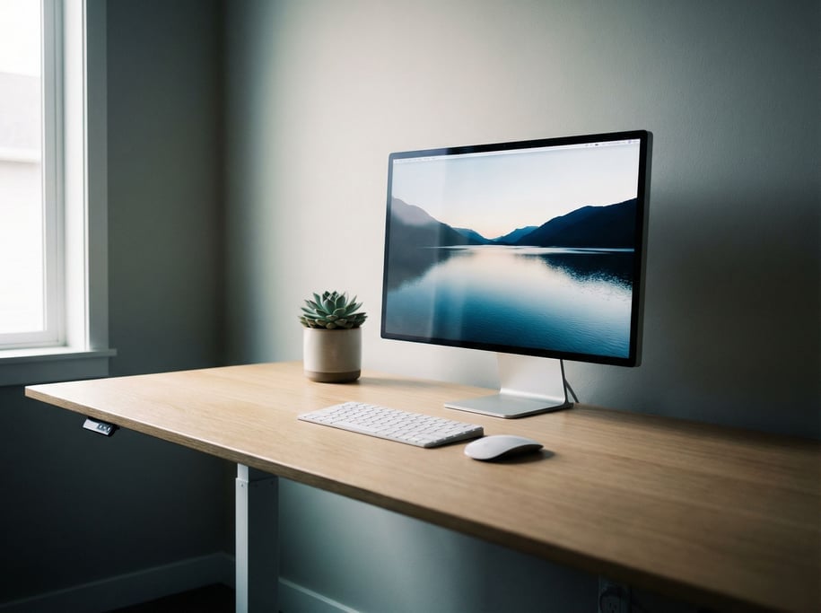 A minimal concrete desk with a laptop and a single architectural lamp, sharp clean lines (mrmrfnmp)