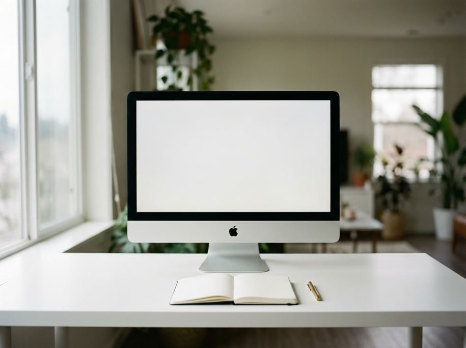 A minimalist white desk with a MacBook and a single blue ceramic vase (uhy)