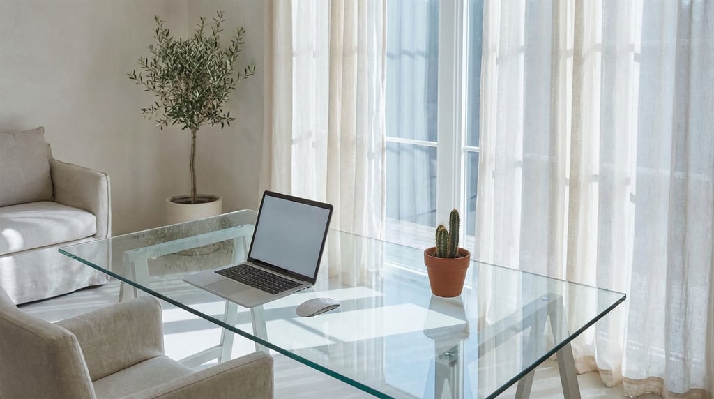 A sleek home office with a slim monitor on a white oak desk, wireless keyboard, single succulent (f)