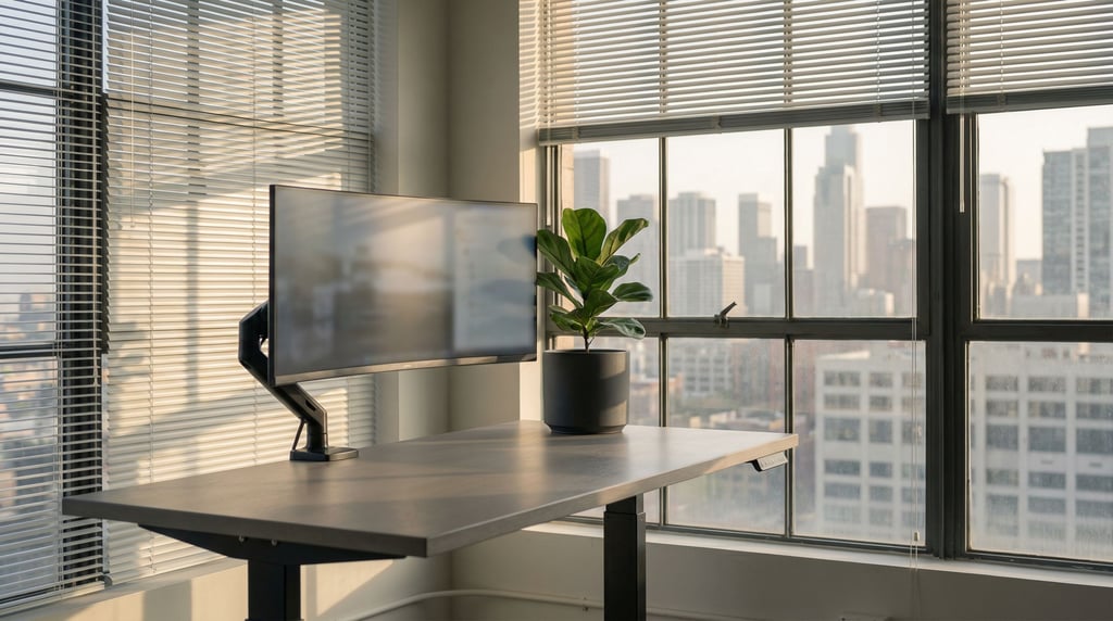 A bright airy studio with white walls, large windows, a glass desk with a slim laptop (kh2nfppd)