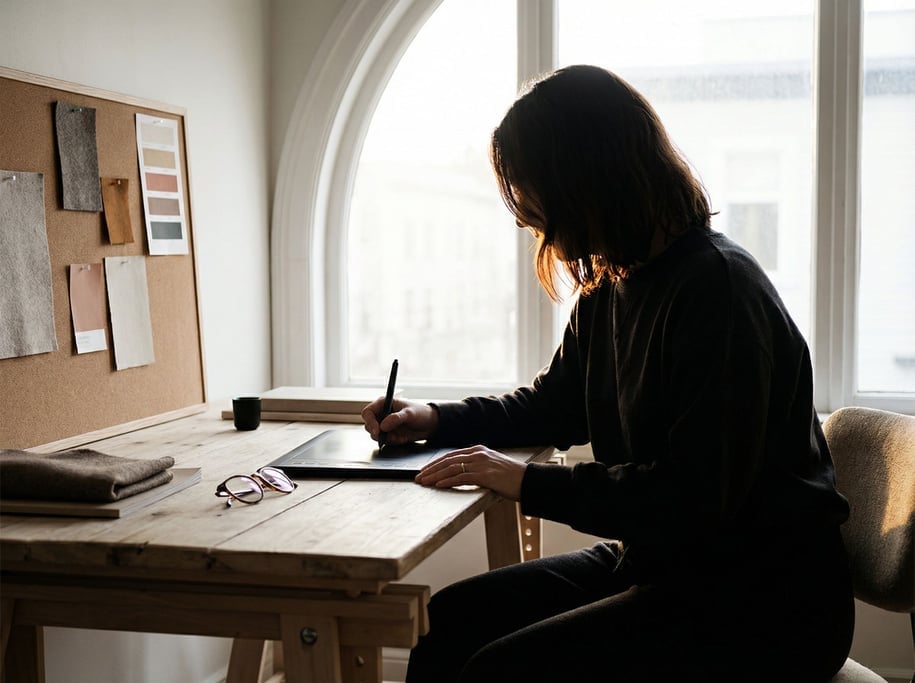 A modern kitchen counter repurposed as a workspace, MacBook next to a pour-over coffee setup (cjvf2v7h)