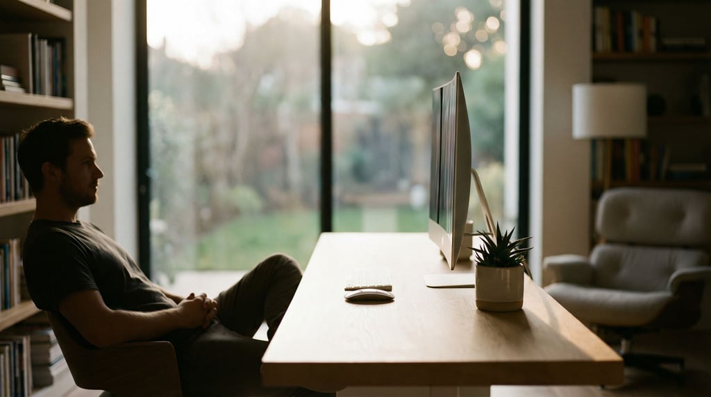 A sleek home office with a slim monitor on a white oak desk, wireless keyboard, single succulent (q7hft0jm)
