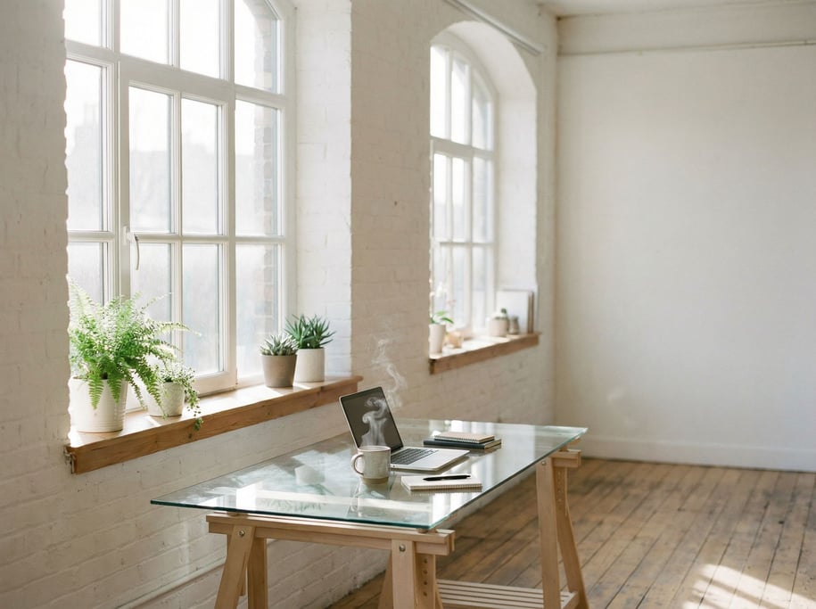 A bright airy studio with white walls, large windows, a glass desk with a slim laptop (dukqz)