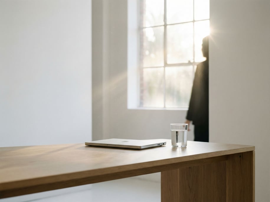 An empty minimal desk with just a closed laptop and a glass of water, clean white walls (kz53cqdj)