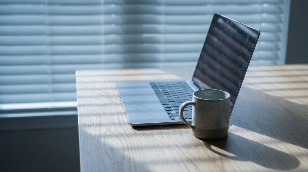 A clean minimal desk with a single laptop and ceramic coffee mug (tdw1ruj8)