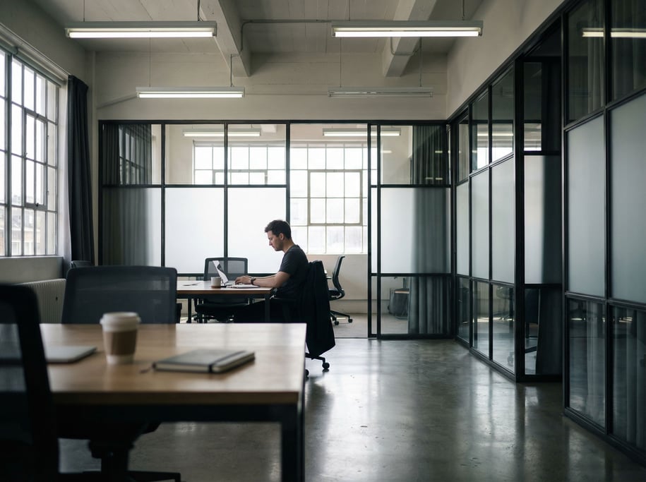 A modern coworking space with polished concrete floors, steel and glass partitions (agt2)