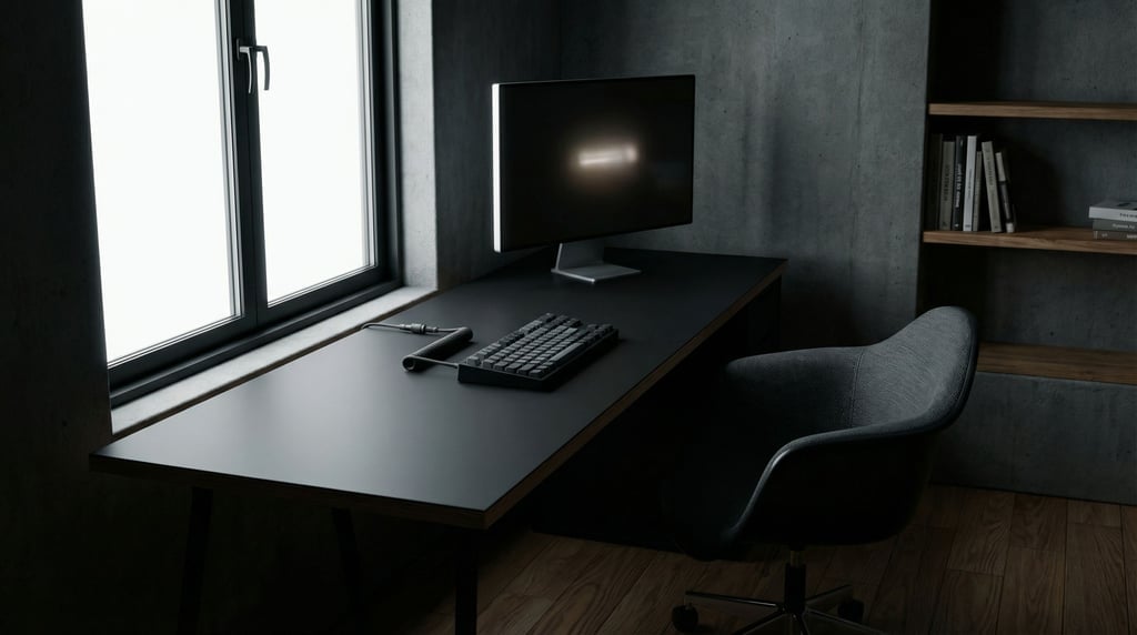 A dark moody workspace with a matte black desk, mechanical keyboard