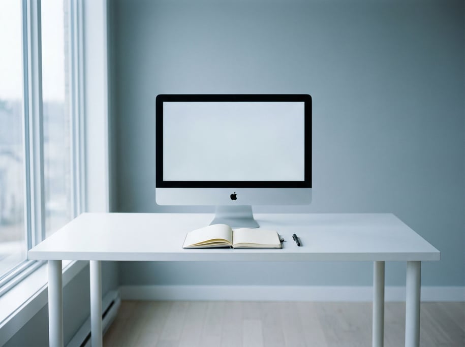 A clean white desk with an iMac, single notebook, and a pen, everything aligned and minimal (c8cbuvga)