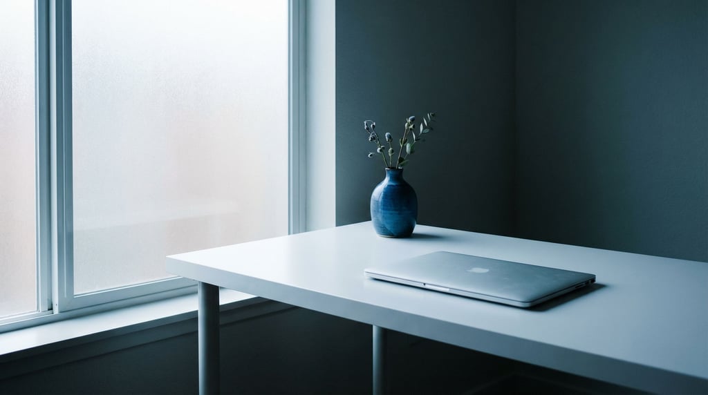A minimalist white desk with a MacBook and a single blue ceramic vase (9tiq4avq)