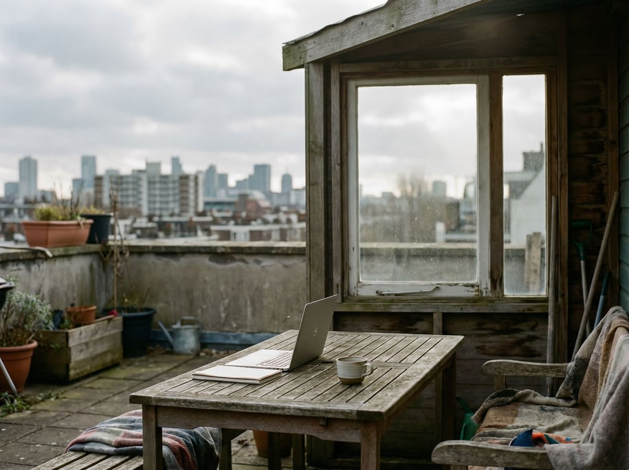 A rooftop workspace setup, laptop on a simple outdoor table, overcast sky, blurred city behind (oihmoas3)