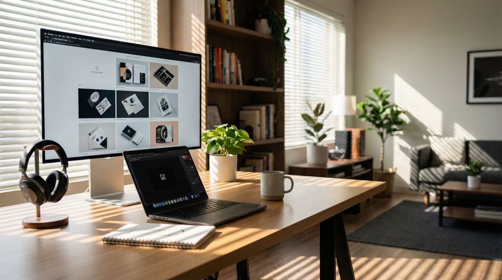 A modern creative studio with a large screen showing design work, clean desk (zlb)