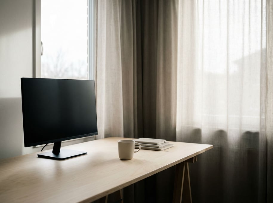 A minimal Scandinavian desk setup, light birch wood, slim monitor, single ceramic mug (9vzdc7xo)