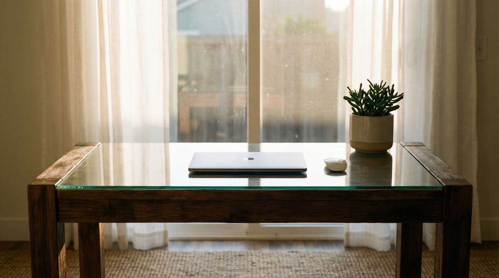 A glass-top desk with a slim laptop, wireless mouse, and a small cactus (4nwxnrun)