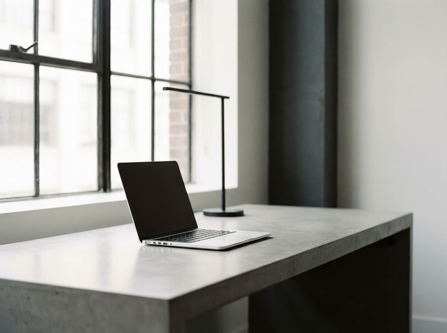 A minimal concrete desk with a laptop and a single architectural lamp, sharp clean lines (iaalf0ld)