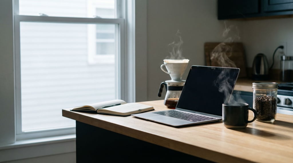 A modern kitchen counter repurposed as a workspace, MacBook next to a pour-over coffee setup (x8bi0uix)
