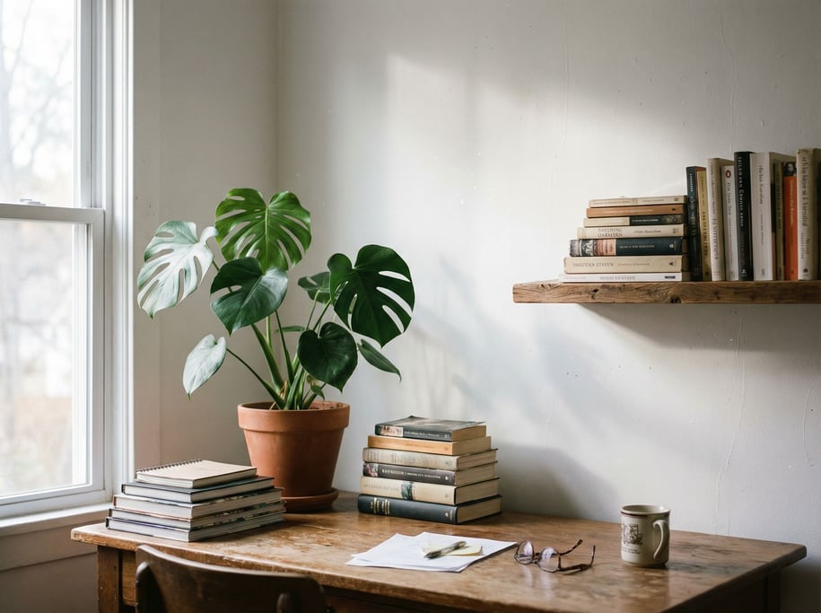 A home office corner with a monstera plant, books stacked on a floating shelf (ns1toami)