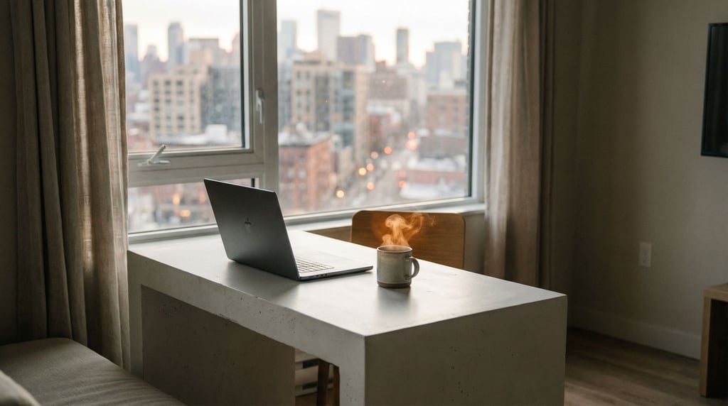 A modern studio apartment workspace, laptop on a white concrete desk (lqraitud)