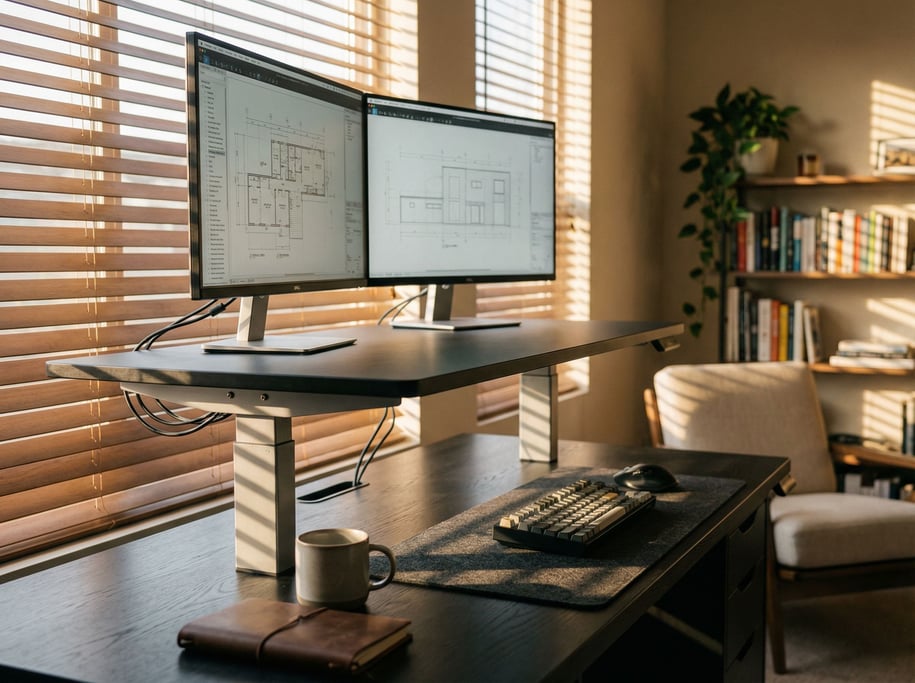 A modern workspace with dual monitors on a sit-stand desk, cable-managed