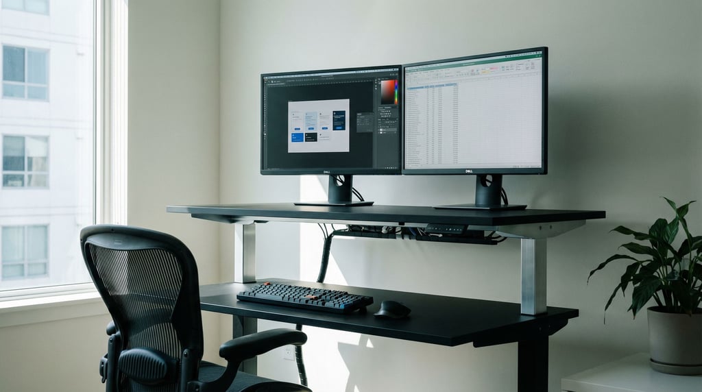 A modern workspace with dual monitors on a sit-stand desk, cable-managed (hwmmx9pd)