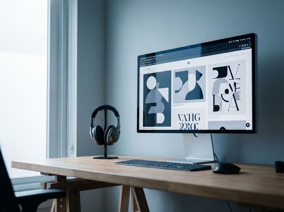 A modern creative studio with a large screen showing design work, clean desk (aryov5it)