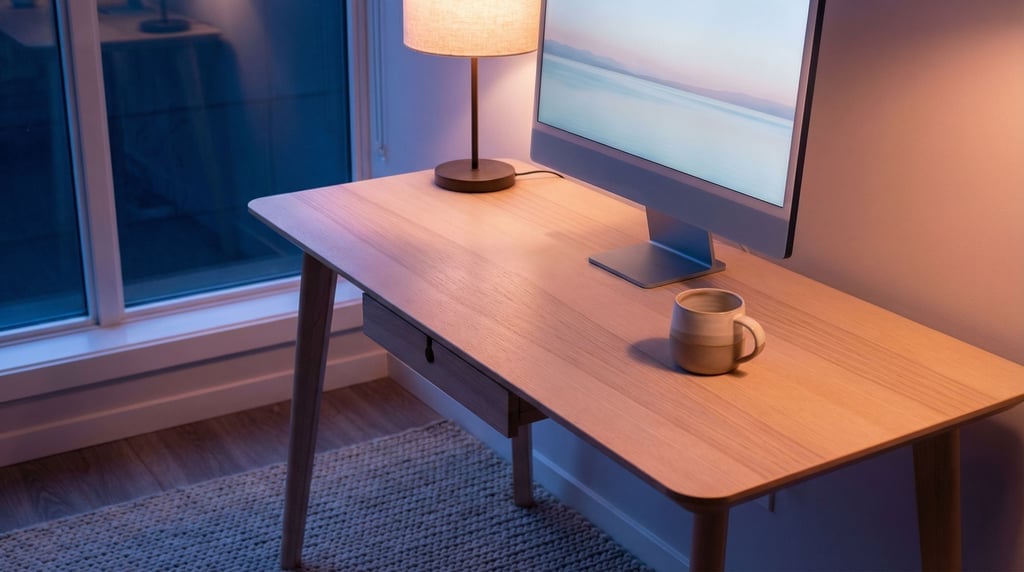 A minimal Scandinavian desk setup, light birch wood, slim monitor, single ceramic mug (gqafe6)