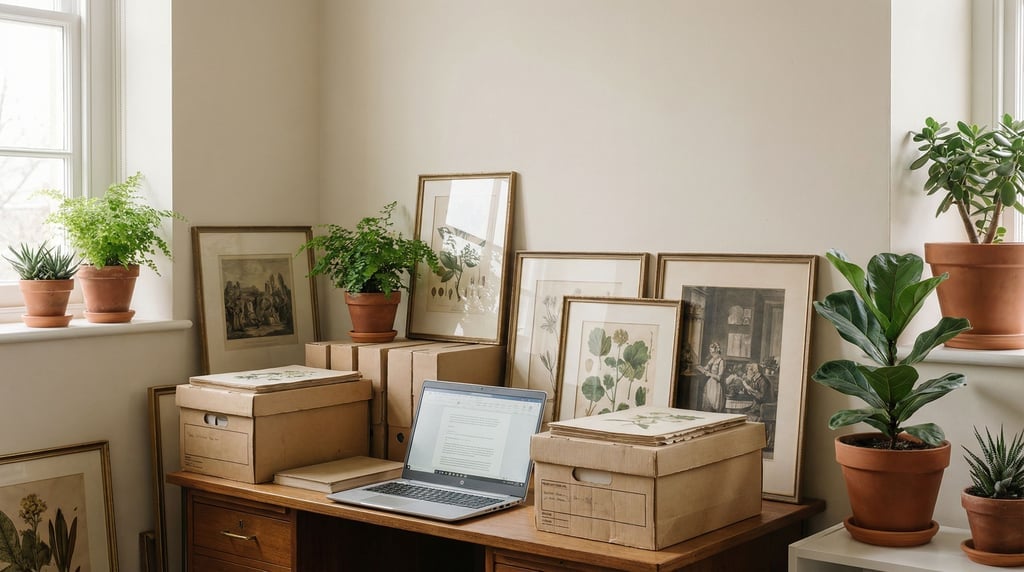 A museum curator's back office, laptop surrounded by archive boxes and framed prints leaning against (xqi8gce7)