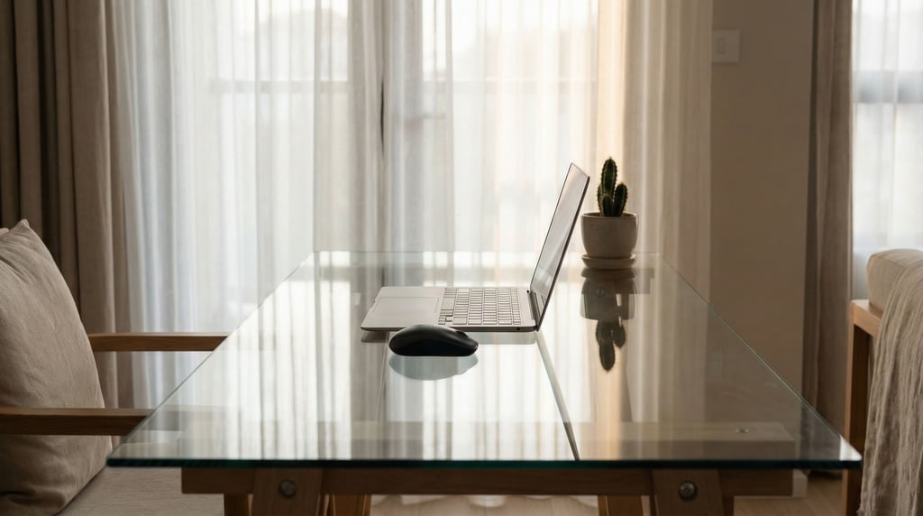 A glass-top desk with a slim laptop, wireless mouse, and a small cactus (grjk9ptw)