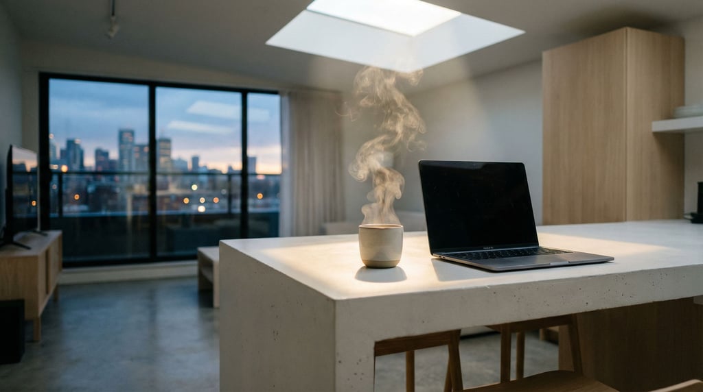 A modern studio apartment workspace, laptop on a white concrete desk (7b0ah198)