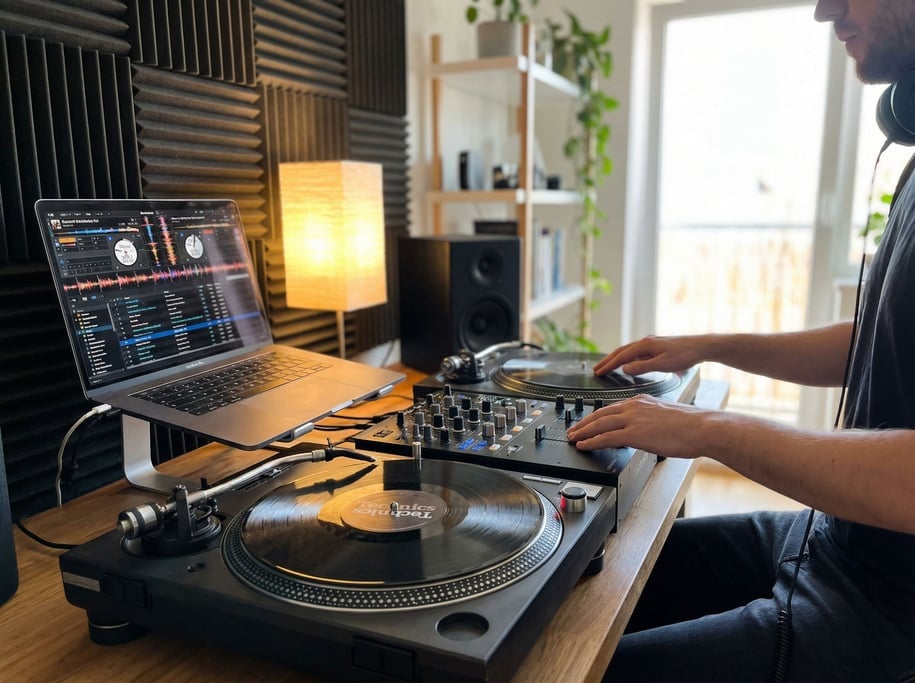 A vinyl DJ's home studio, laptop next to turntables and a mixer, acoustic foam panels on the wall (mqvskdth)