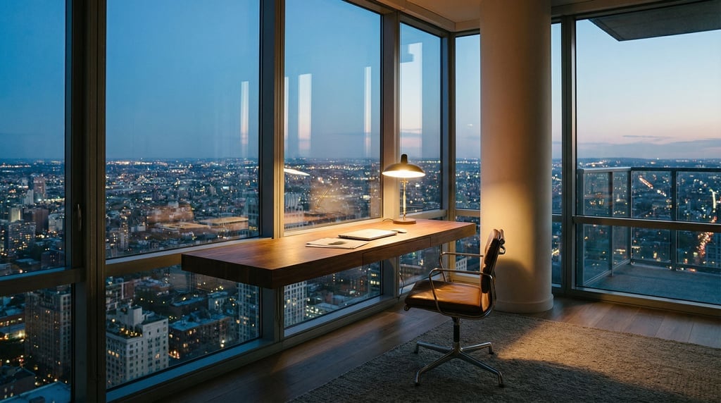 A penthouse home office with wraparound windows, slim desk floating against the glass (ahgulyql)