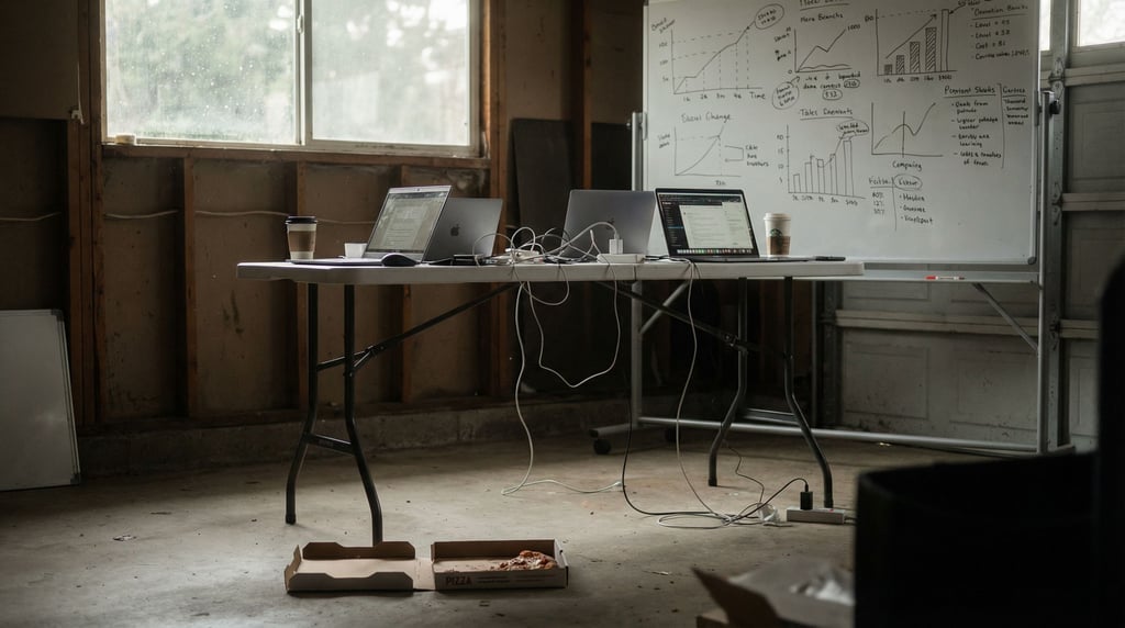 A startup garage office, whiteboard covered in scribbled diagrams behind a folding table with three (g1xhr)
