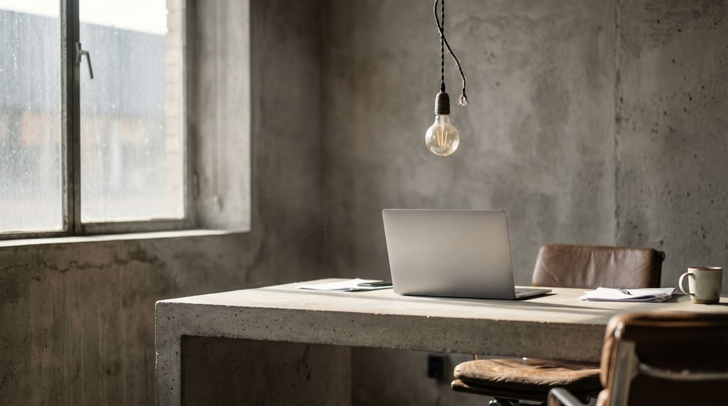 A brutalist concrete office interior, slim laptop on a poured concrete desk, single pendant bulb (4gu2vvuj)