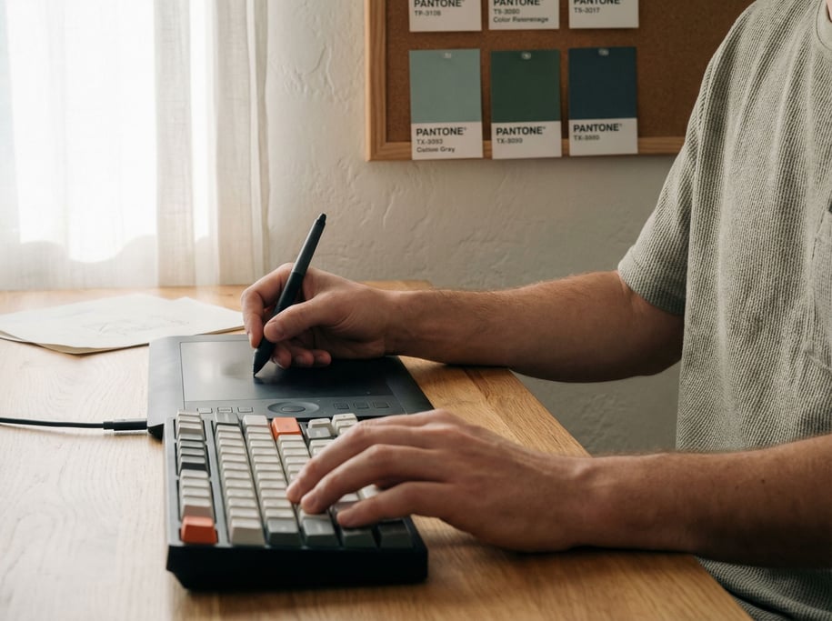 A designer's modern workspace with a tablet and stylus on a light desk (du0dbw0t)