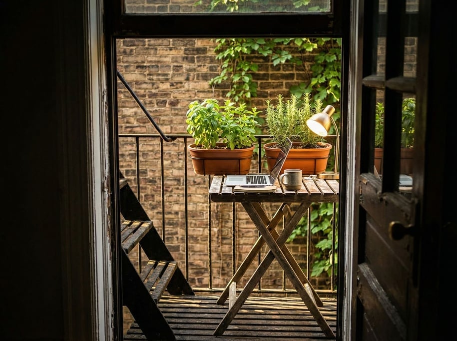 A fire escape workspace in summer, laptop on a small folding table, brick wall behind (ttgntslm)