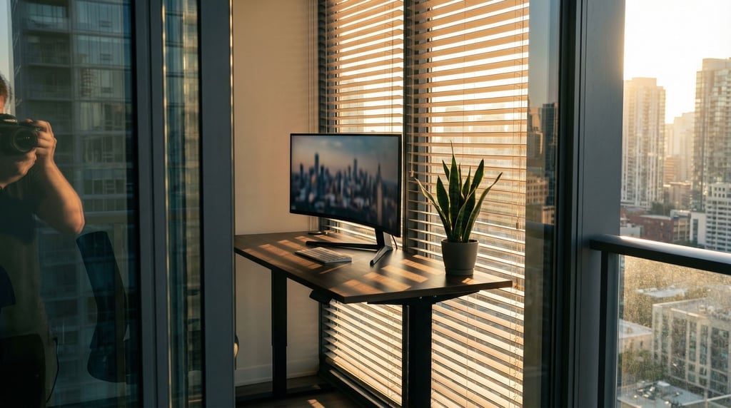 A modern standing desk near floor-to-ceiling windows, ultrawide monitor, single plant (uytrckp)