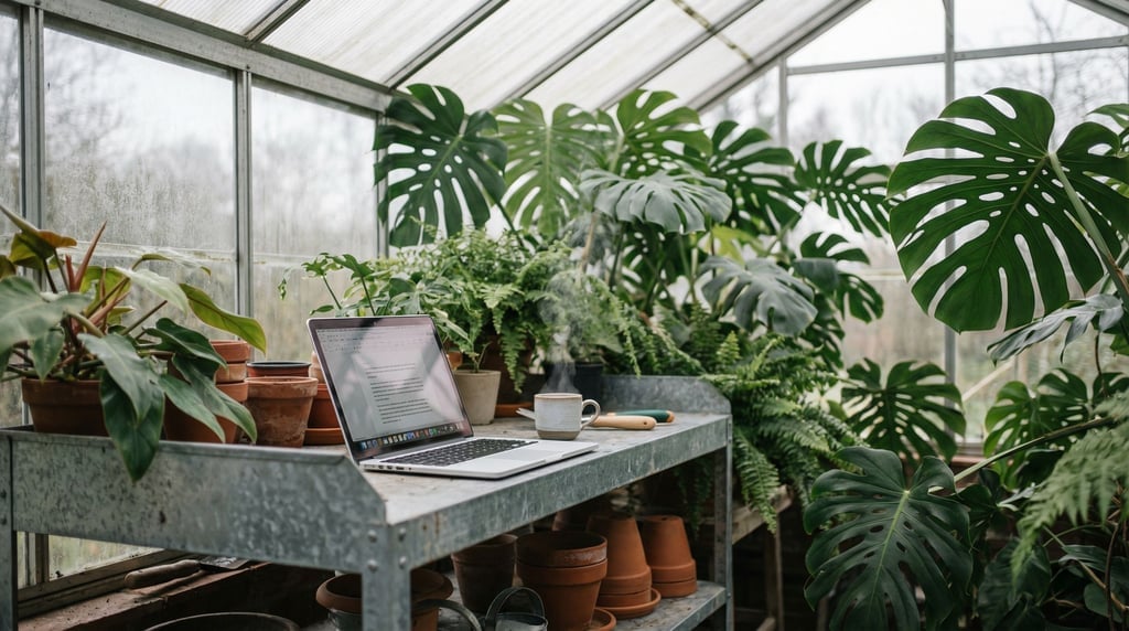 A greenhouse workspace, laptop on a metal potting bench (ftp3rmkg)