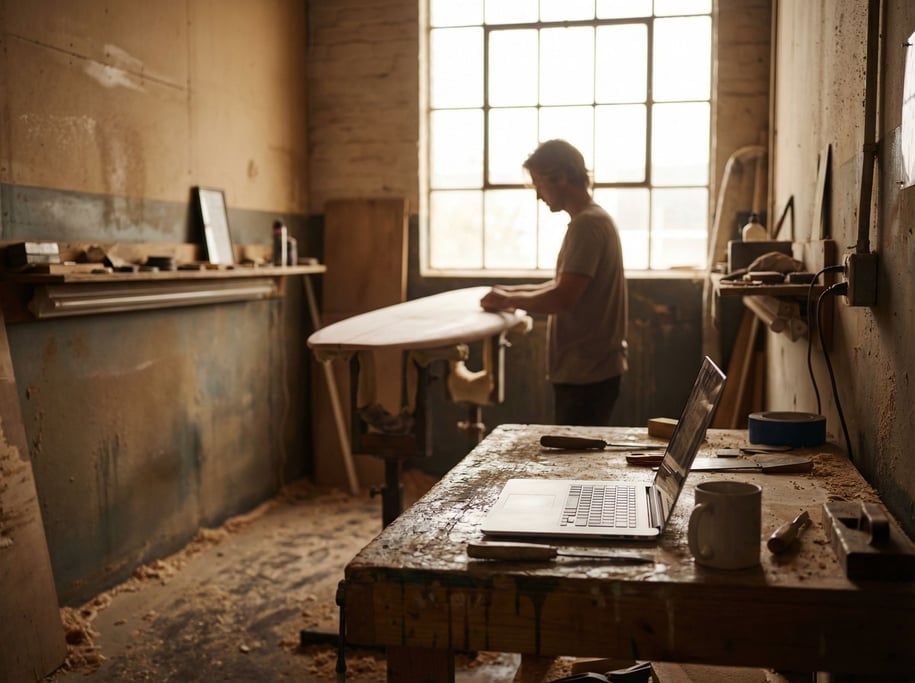 A surfboard shaper's workshop office, laptop on a resin-stained bench (v09dicql)