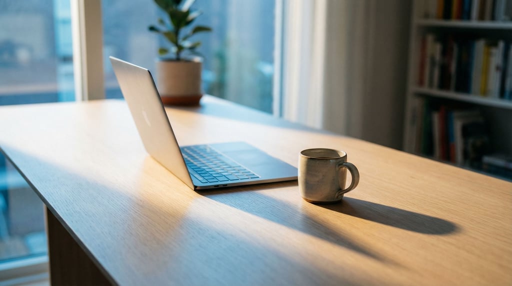 A clean minimal desk with a single laptop and ceramic coffee mug (yqlbxyvx)