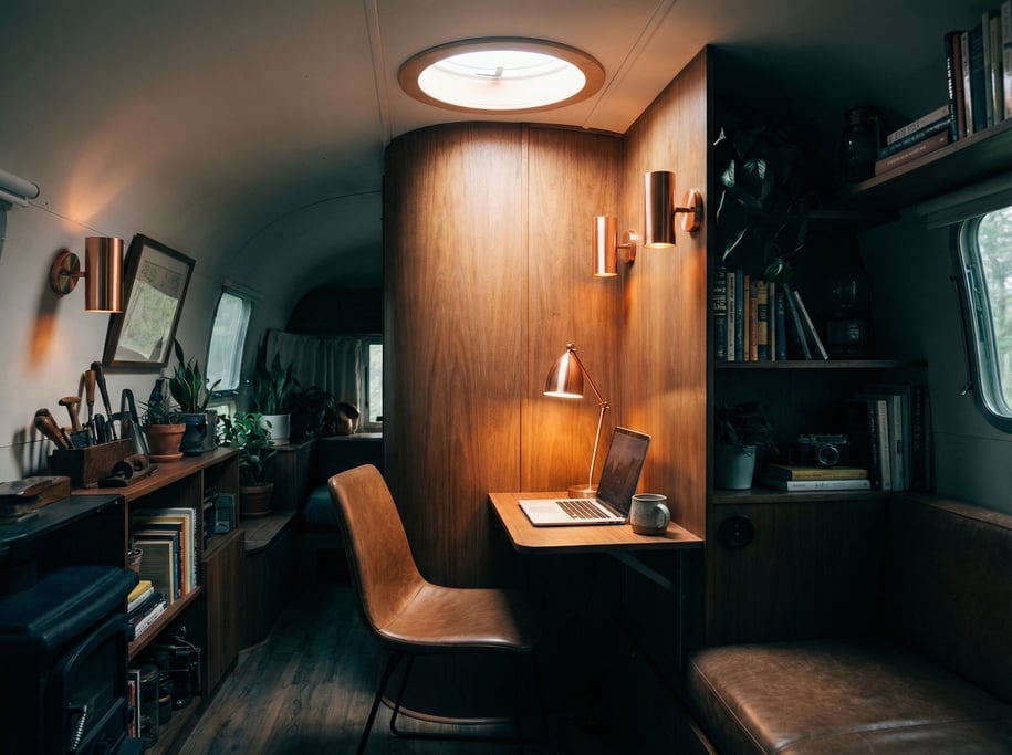 A vintage Airstream interior converted to an office, compact desk with a laptop (p2pvfw0g)
