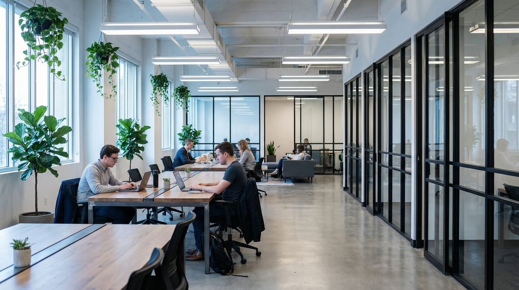 A modern coworking space with polished concrete floors, steel and glass partitions (kopkb2r9)